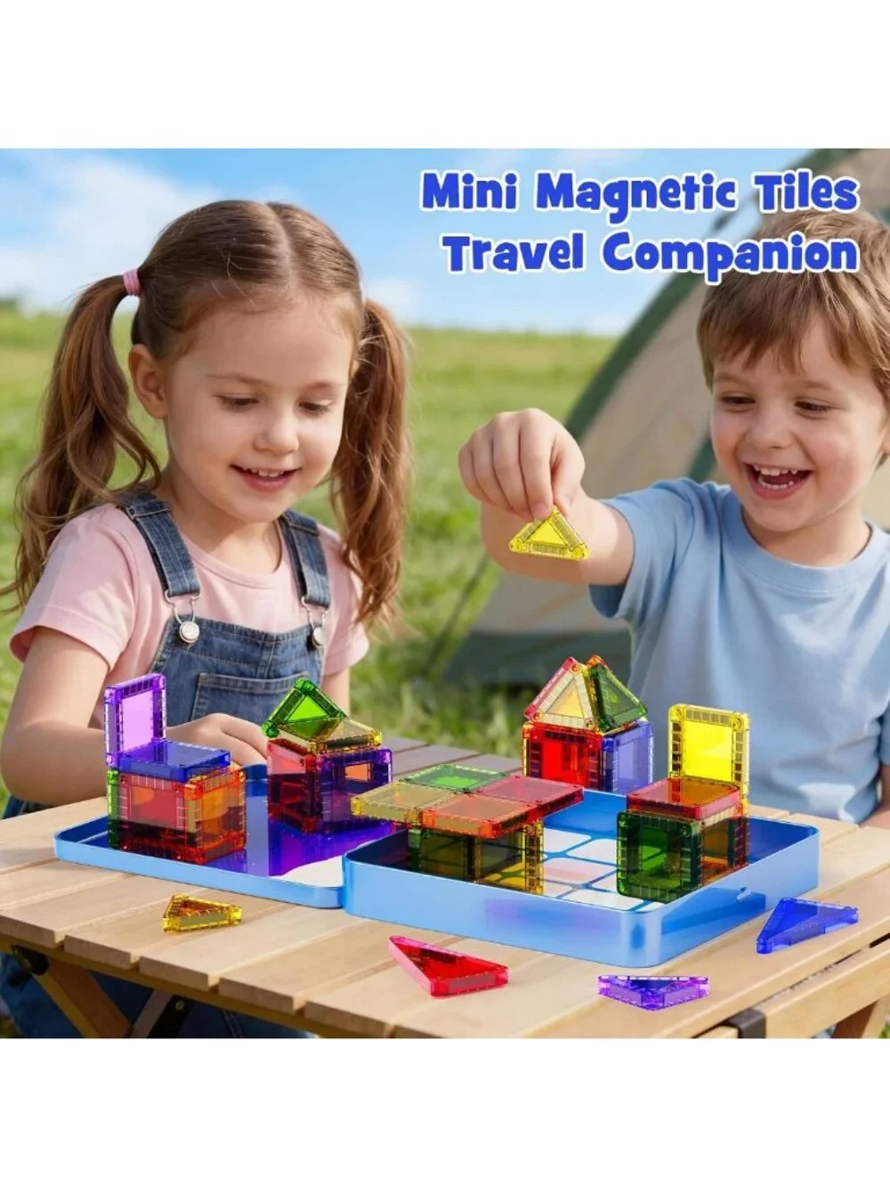 60pcs Mini Magnetic Building Tiles Travel Kit for Kids 3-8, STEM Sensory Toys